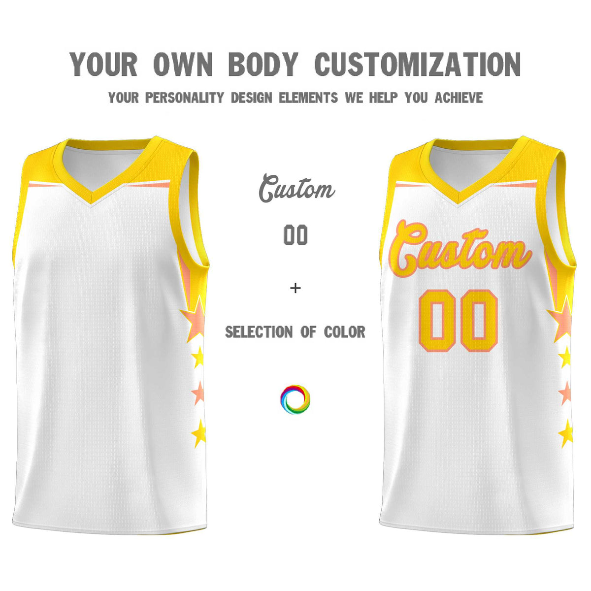Custom Youth Basketball Uniform White Gold Two Tone Side Star Add Name Number &amp; Logo