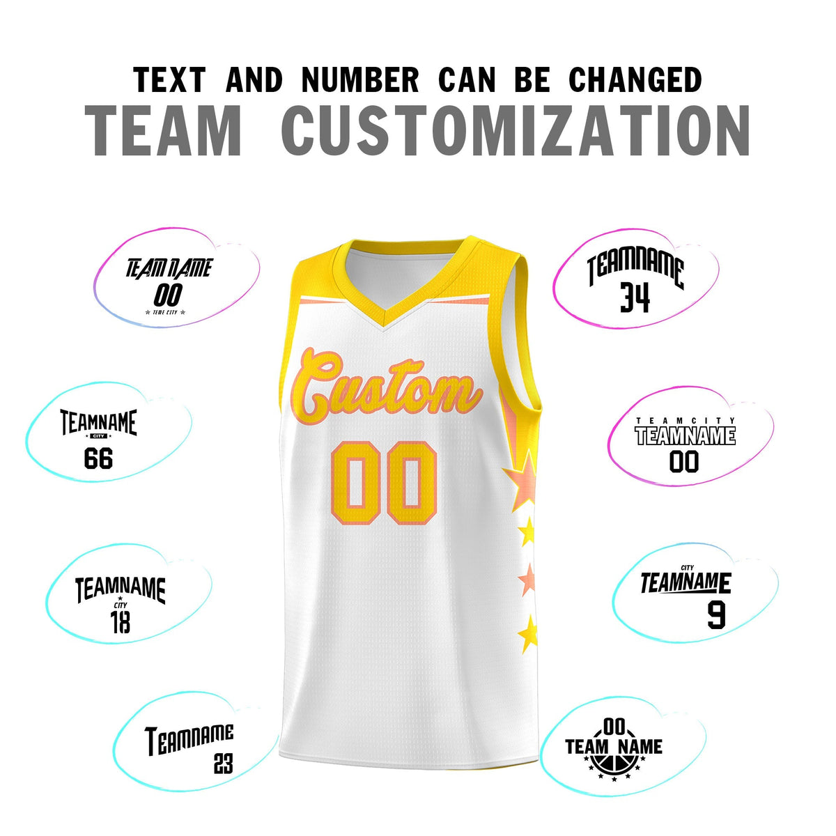 Custom Youth Basketball Uniform White Gold Two Tone Side Star Add Name Number &amp; Logo