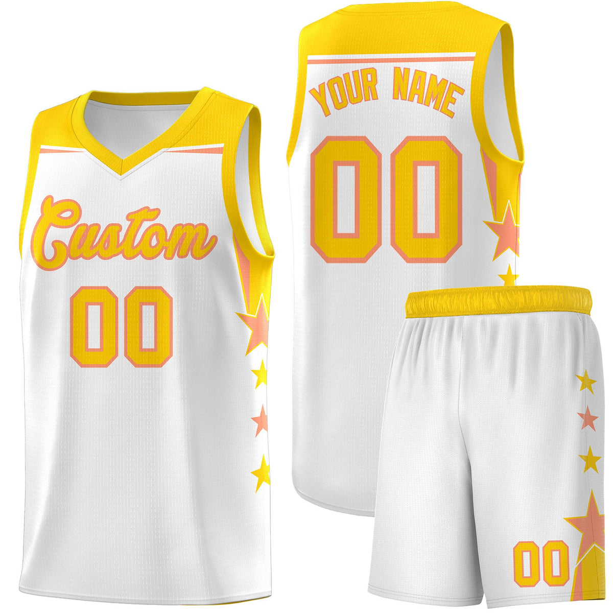 Custom Youth Basketball Uniform White Gold Two Tone Side Star Add Name Number &amp; Logo