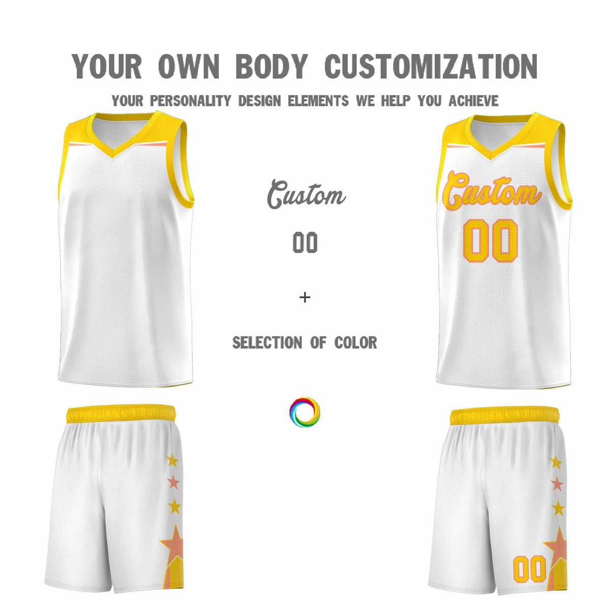 Custom Youth Basketball Uniform White Gold Two Tone Side Star Add Name Number &amp; Logo
