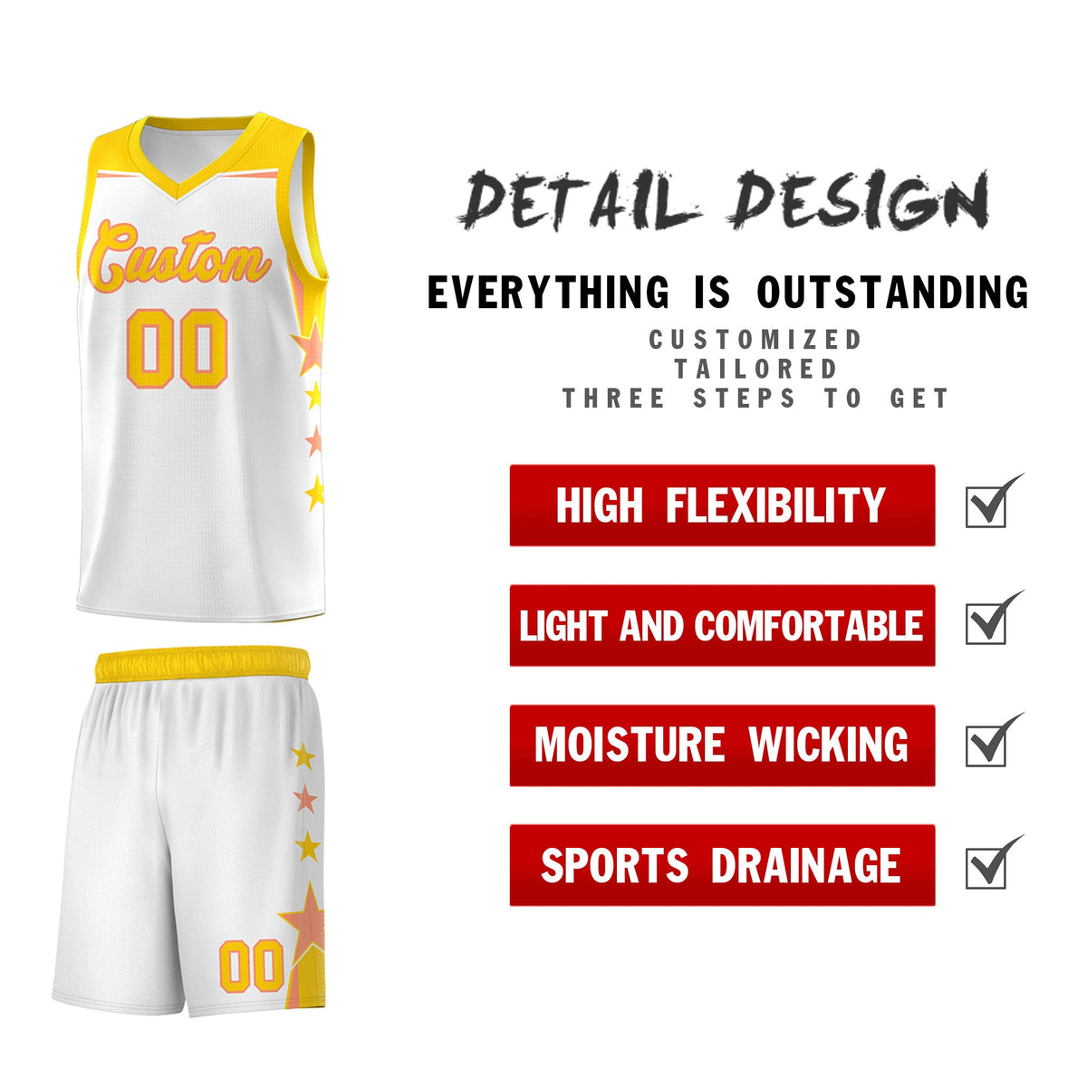 Custom Youth Basketball Uniform White Gold Two Tone Side Star Add Name Number &amp; Logo