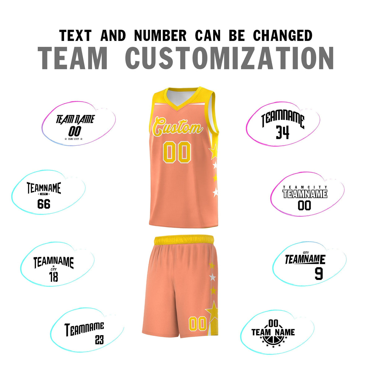 Custom Youth Basketball Uniform Light Orange Gold Two Tone Side Star Personalized Team Jersey