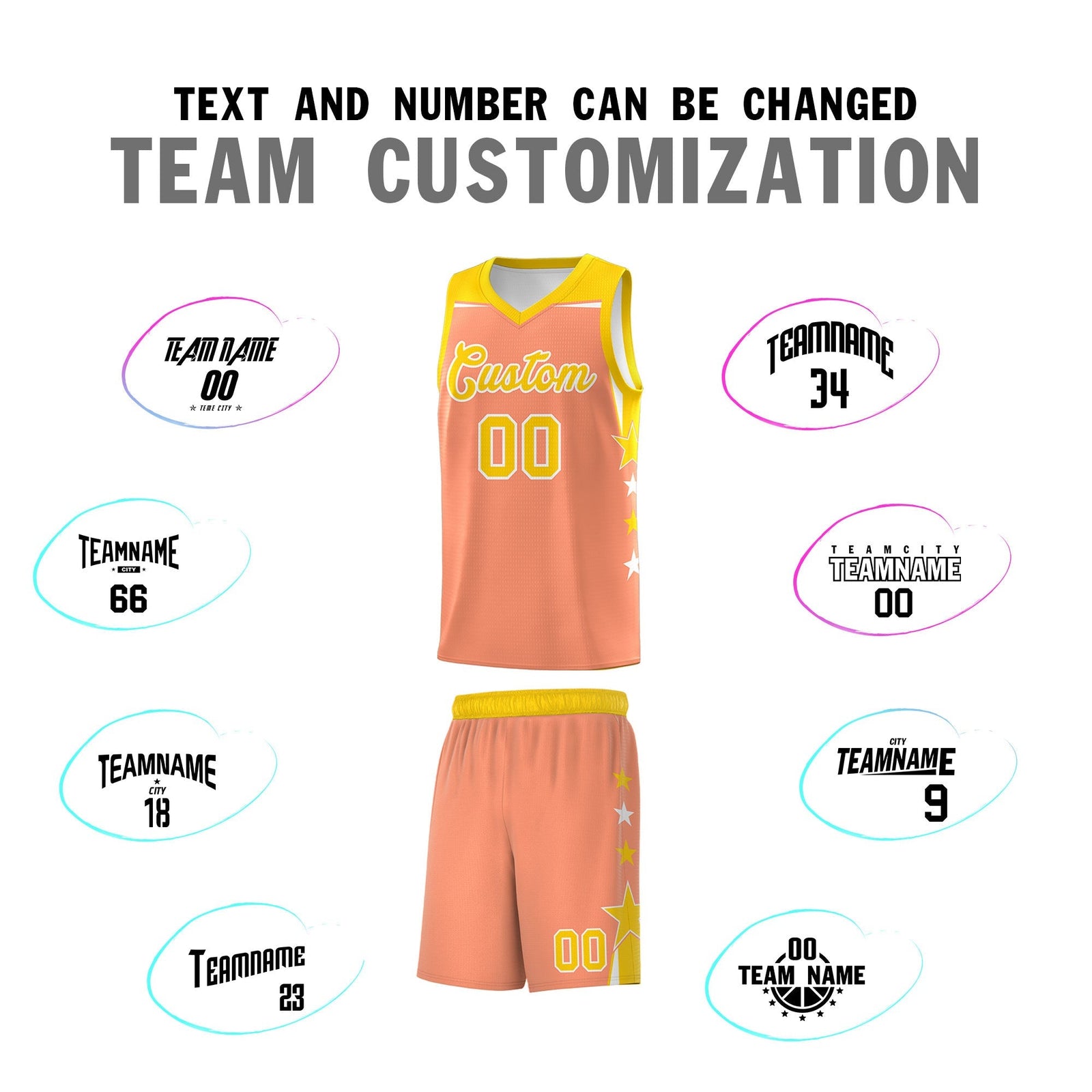 Custom Youth Basketball Uniform Light Orange Gold Two Tone Side Star Personalized Team Jersey