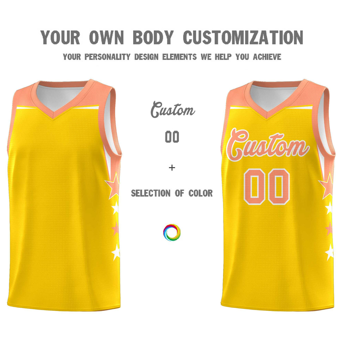 Custom Youth Basketball Uniform Gold Light Orange Two Tone Side Star Color Block Team Jersey