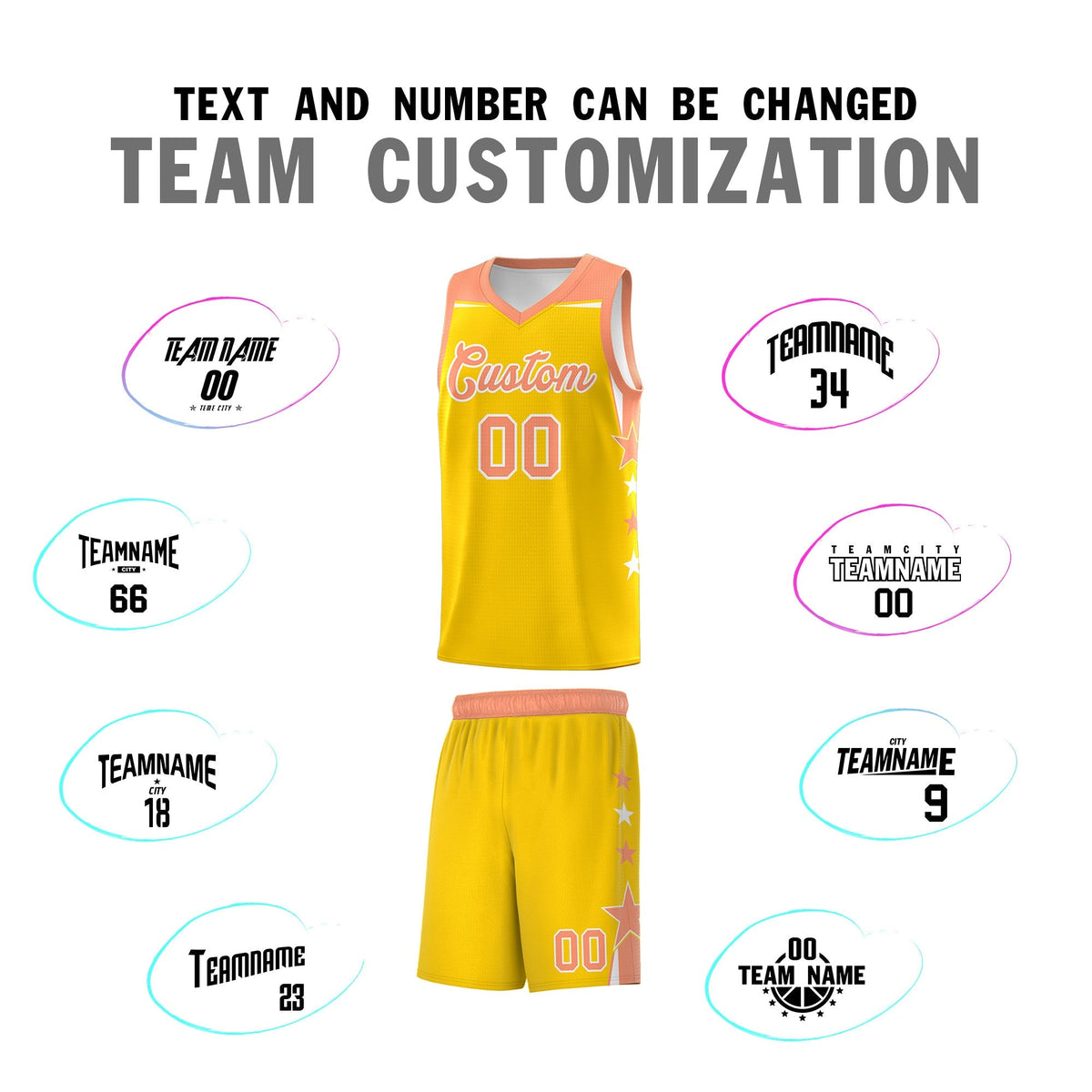 Custom Youth Basketball Uniform Gold Light Orange Two Tone Side Star Color Block Team Jersey