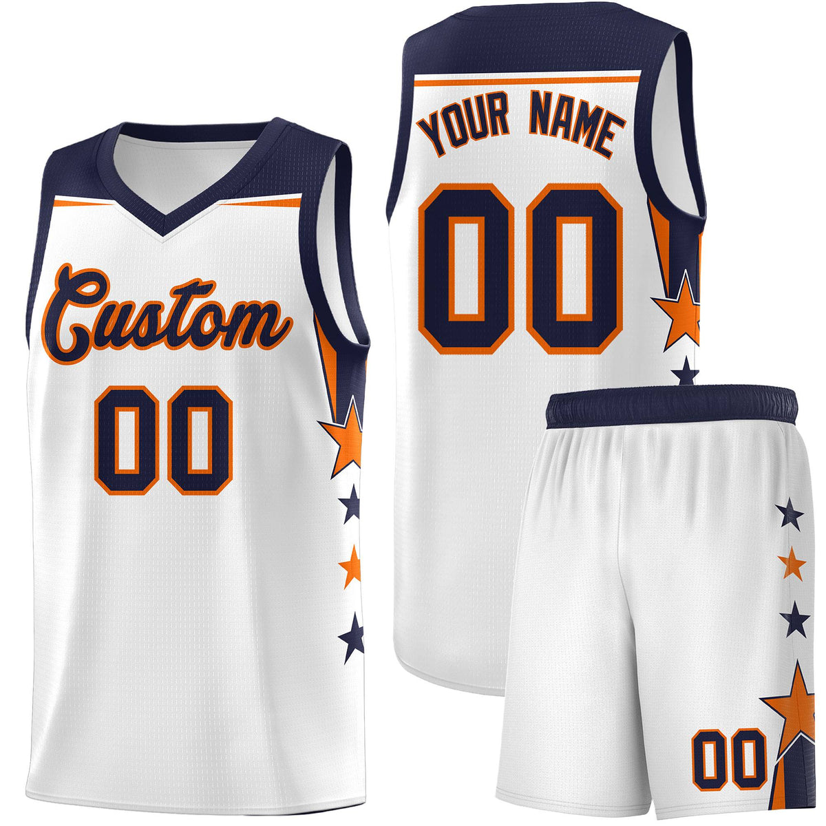 Custom Youth Basketball Uniform White Navy Two Tone Side Star Add Name Number &amp; Logo