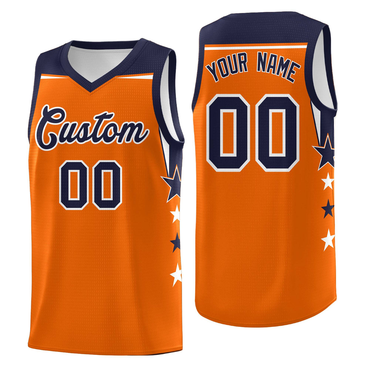 Custom Youth Basketball Uniform Orange Navy Two Tone Side Star Color Block Team Jersey