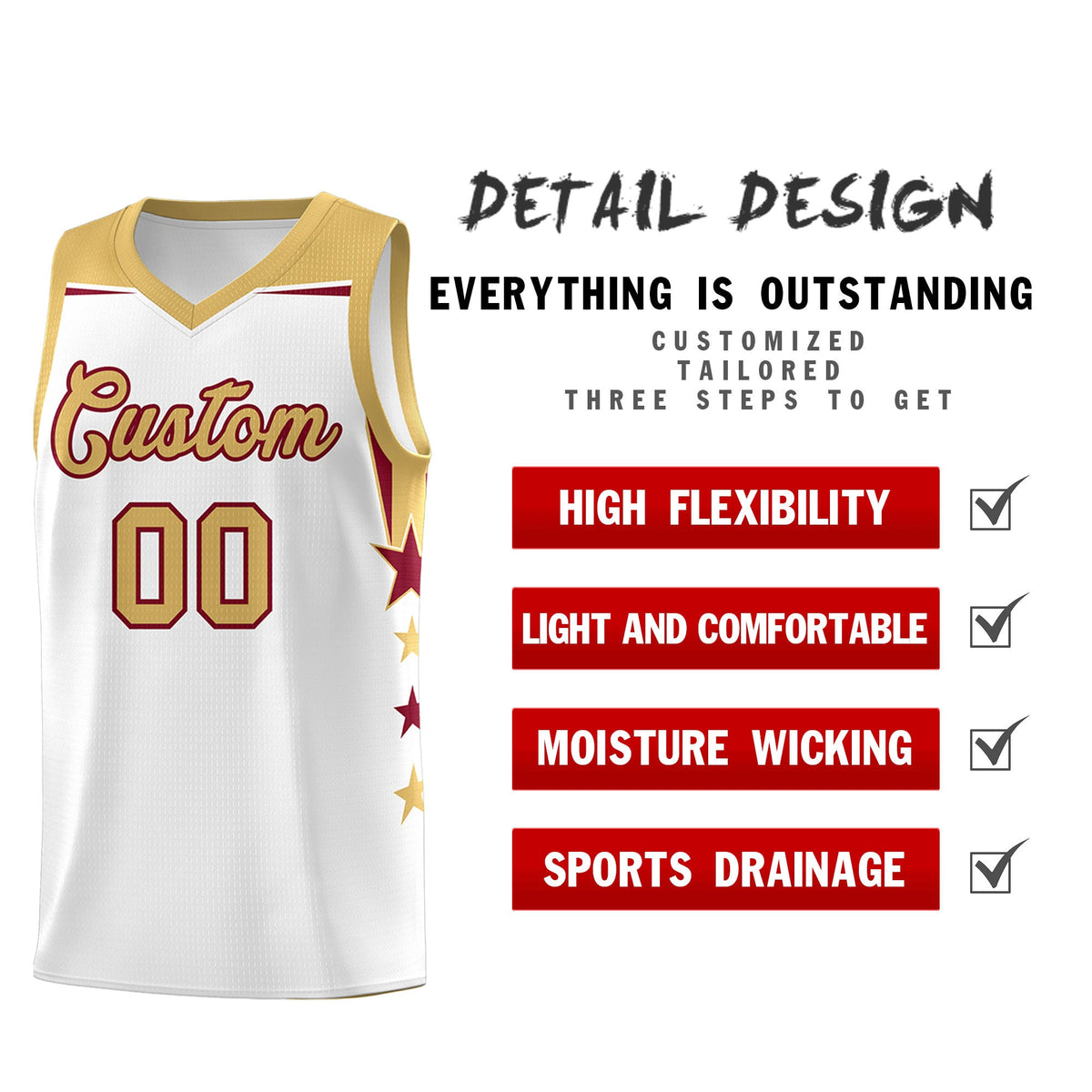 Custom Youth Basketball Uniform White Old Gold Two Tone Side Star Add Name Number &amp; Logo