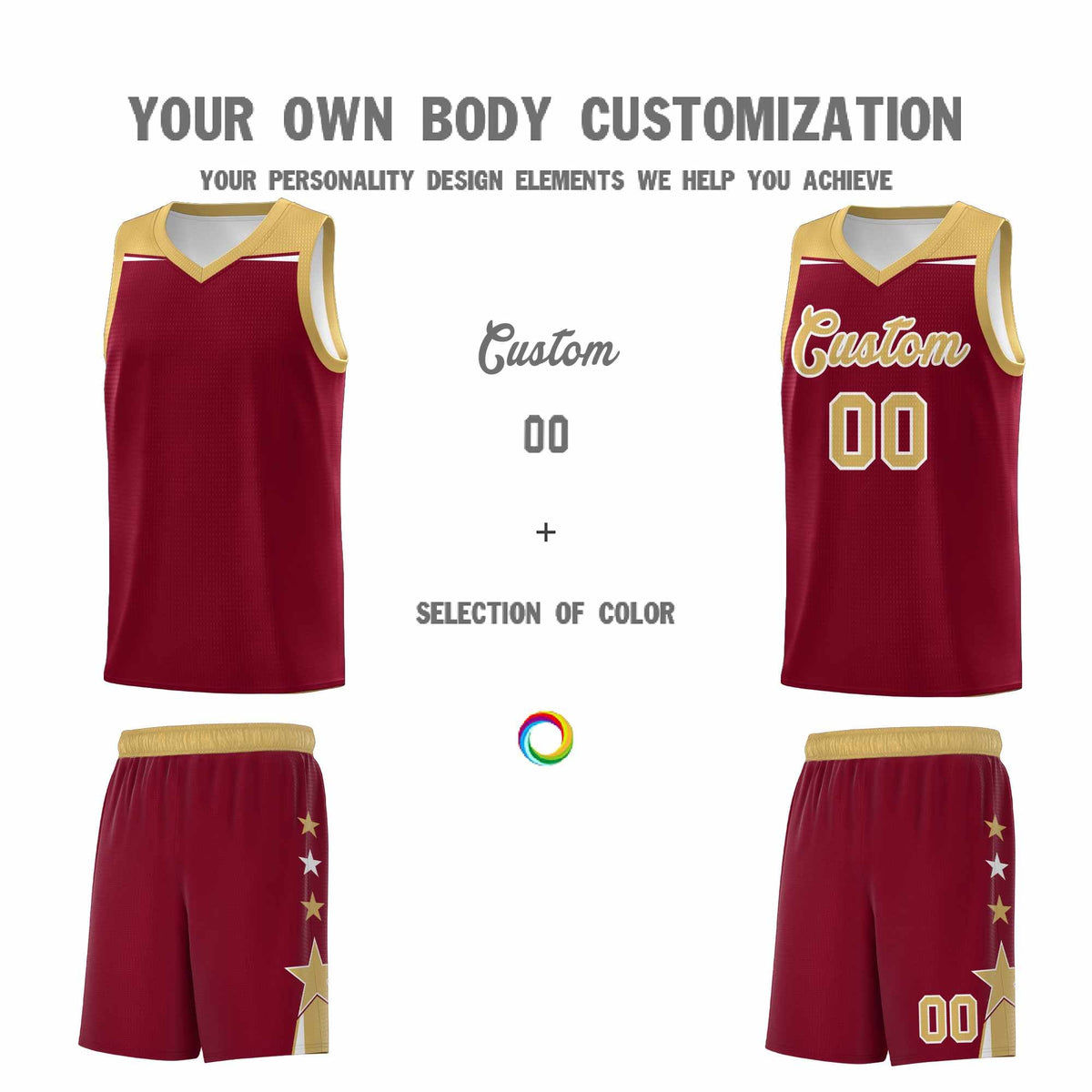 Custom Youth Basketball Uniform Crimson Old Gold Two Tone Side Star Color Block Team Jersey