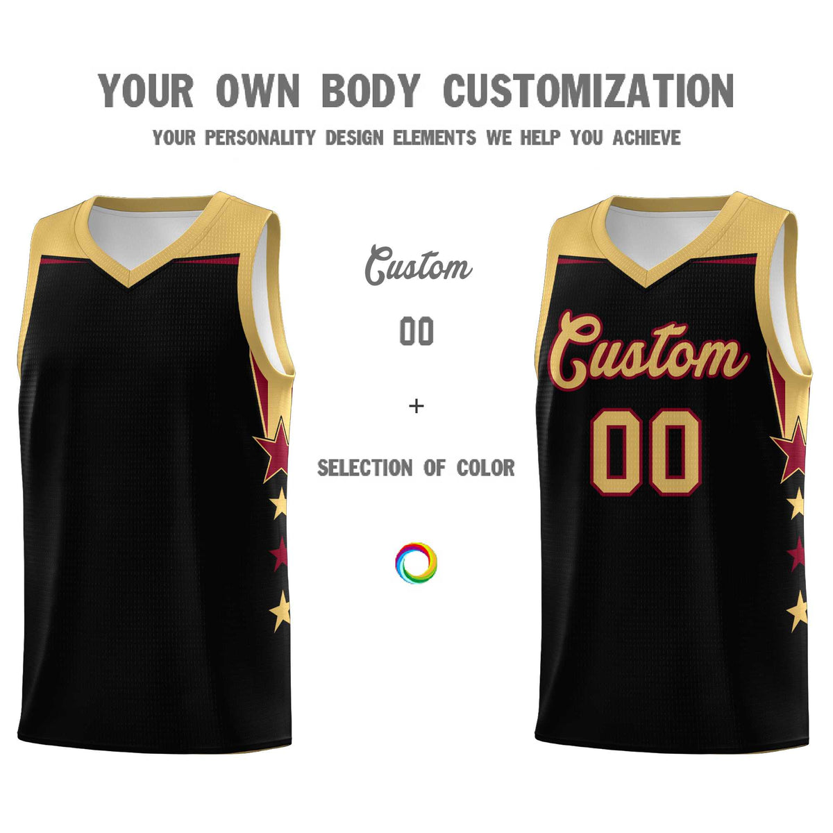 Custom Youth Basketball Uniform Black Old Gold Two Tone Side Star Add Name Number &amp; Logo