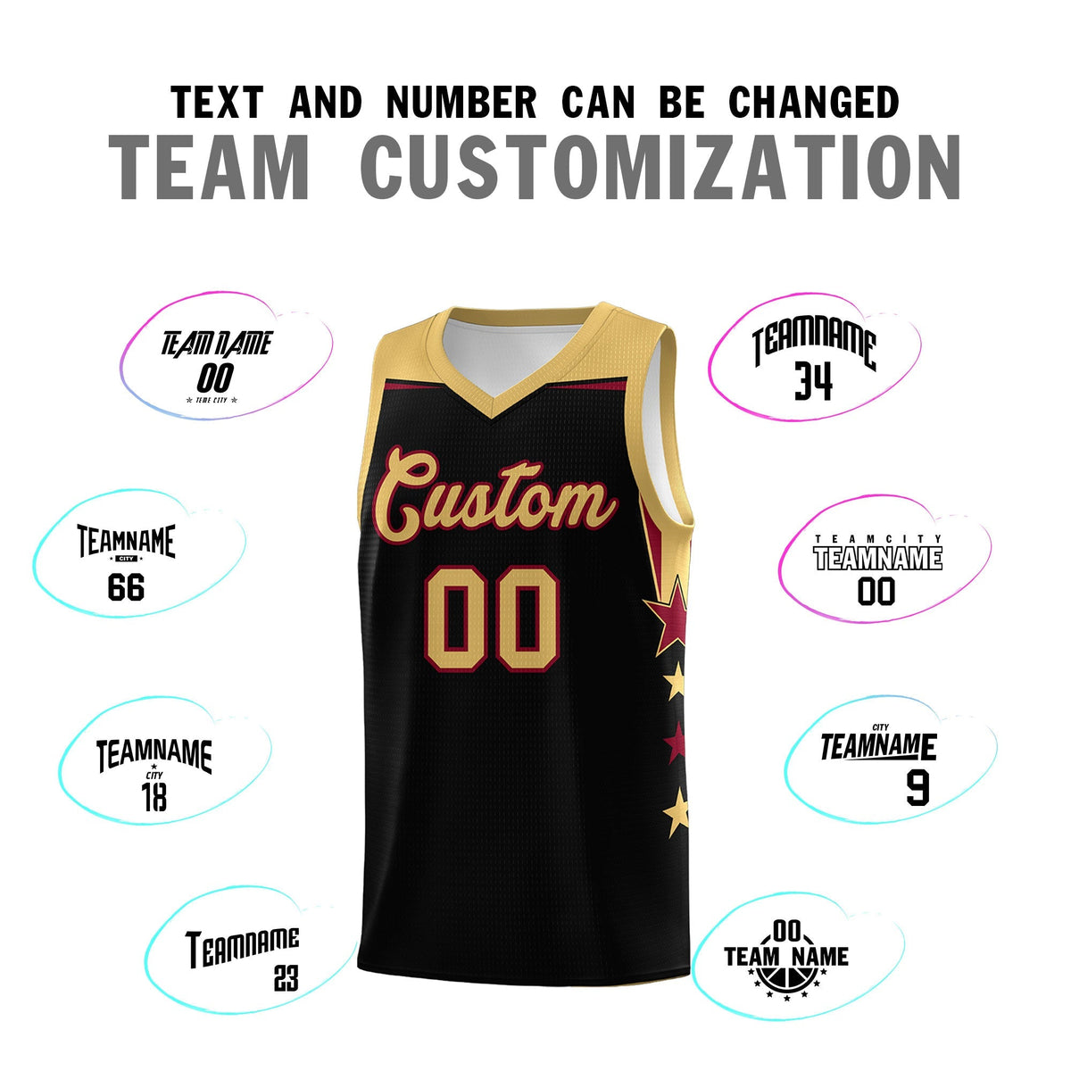 Custom Youth Basketball Uniform Black Old Gold Two Tone Side Star Add Name Number &amp; Logo