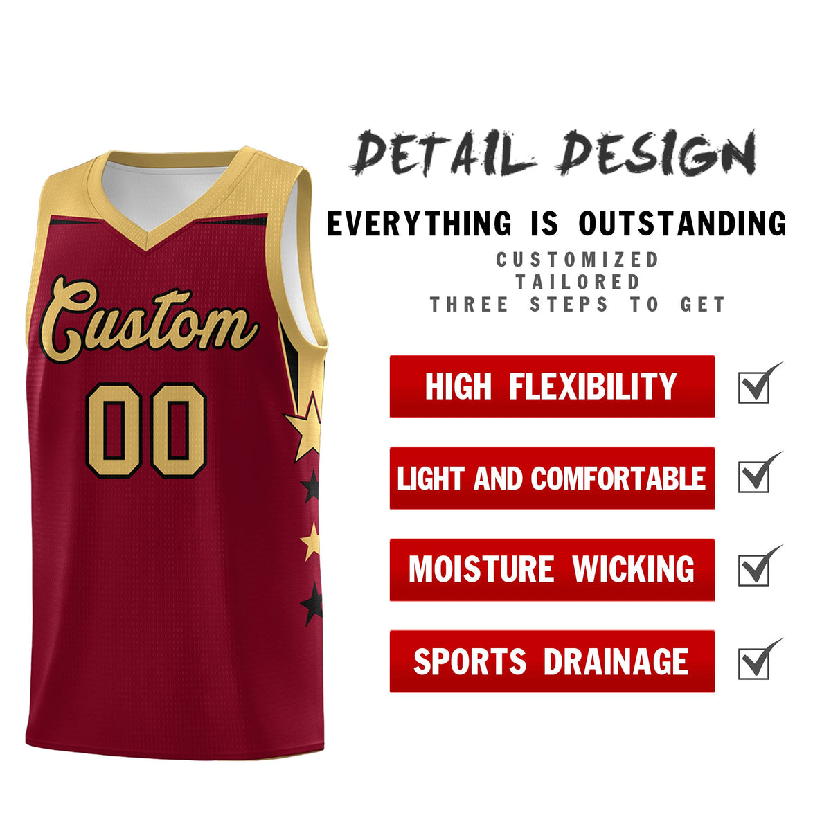 Custom Youth Basketball Uniform Crimson Old Gold Two Tone Side Star Color Block Team Jersey