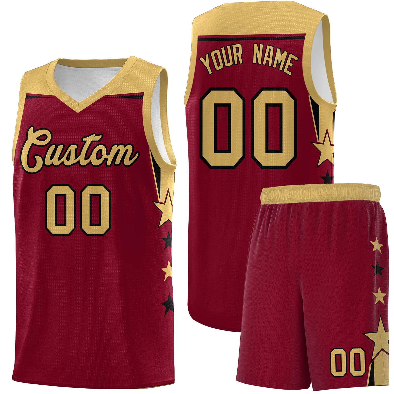 Custom Youth Basketball Uniform Crimson Old Gold Two Tone Side Star Color Block Team Jersey