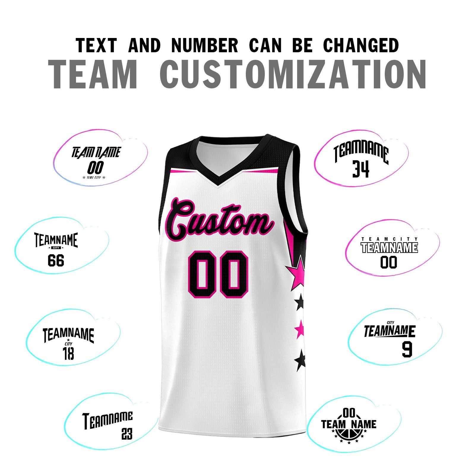 Custom Youth Basketball Uniform White Black Two Tone Side Star Add Name Number & Logo