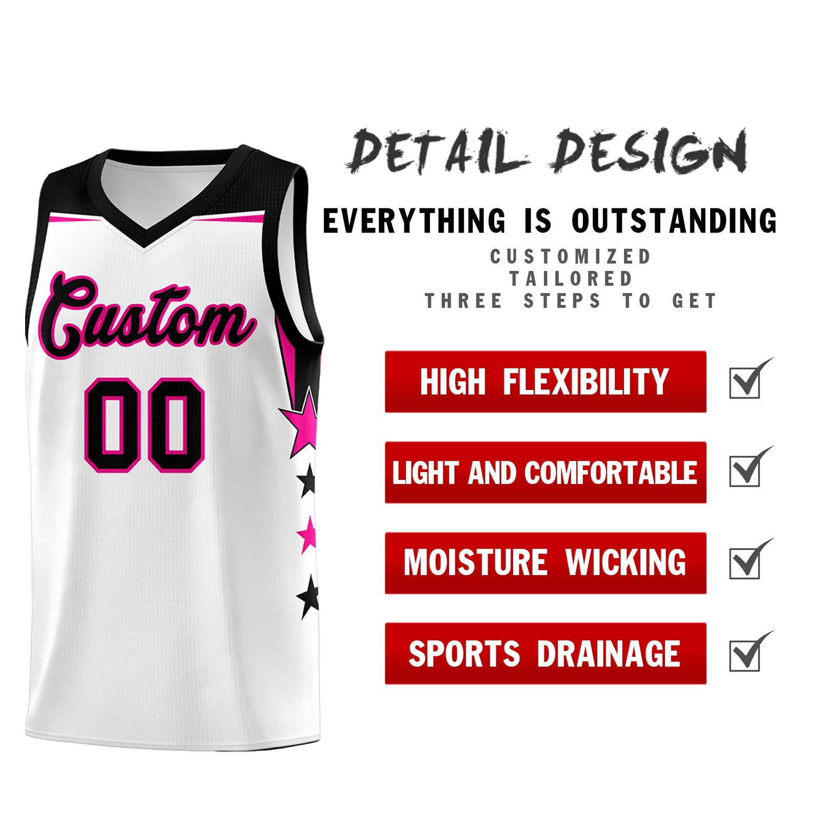 Custom Youth Basketball Uniform White Black Two Tone Side Star Add Name Number & Logo