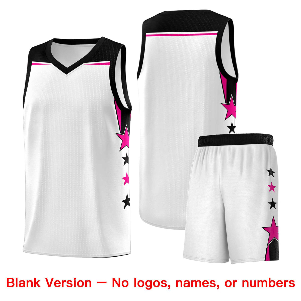 Custom Youth Basketball Uniform White Black Two Tone Side Star Add Name Number &amp; Logo