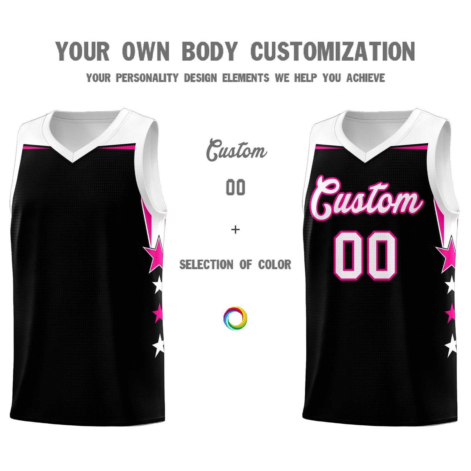 Custom Youth Basketball Uniform Black White Two Tone Side Star Personalized Team Jersey