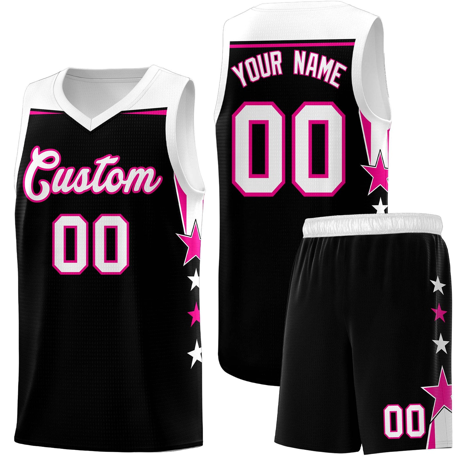 Custom Youth Basketball Uniform Black White Two Tone Side Star Personalized Team Jersey
