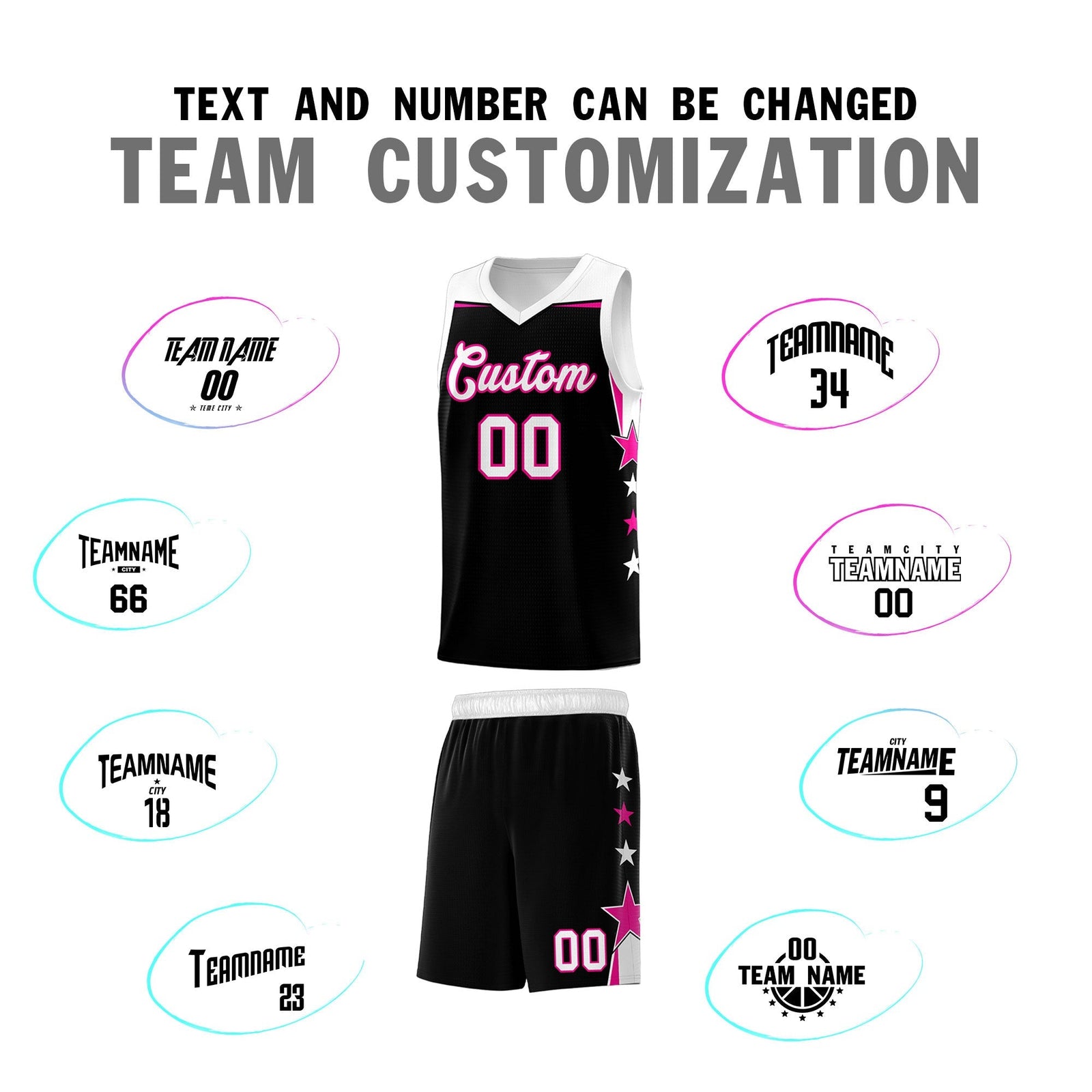 Custom Youth Basketball Uniform Black White Two Tone Side Star Personalized Team Jersey