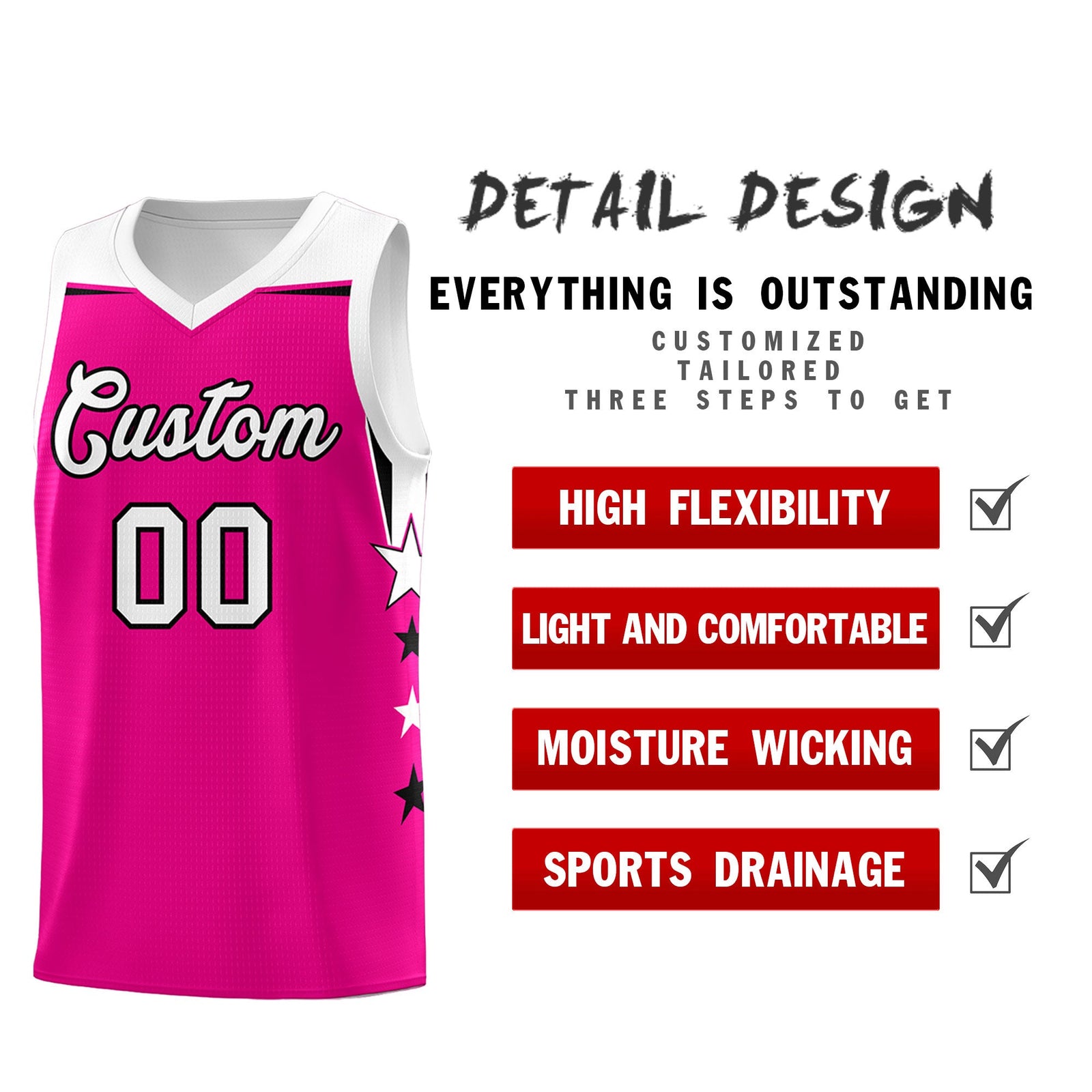 Custom Youth Basketball Uniform Pink White Two Tone Side Star Color Block Team Jersey