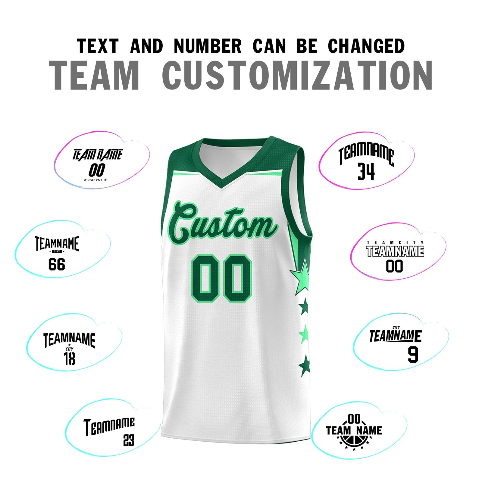Custom Youth Basketball Uniform White Kelly Green Two Tone Side Star Add Name Number & Logo