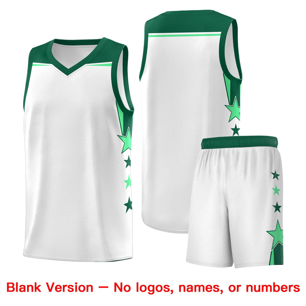 Custom Youth Basketball Uniform White Kelly Green Two Tone Side Star Add Name Number & Logo