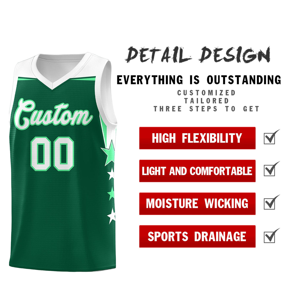 Custom Youth Basketball Uniform Kelly Green White Two Tone Side Star Personalized Team Jersey