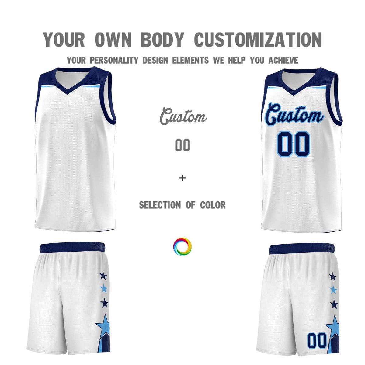 Custom Youth Basketball Uniform White Navy Two Tone Side Star Add Name Number & Logo