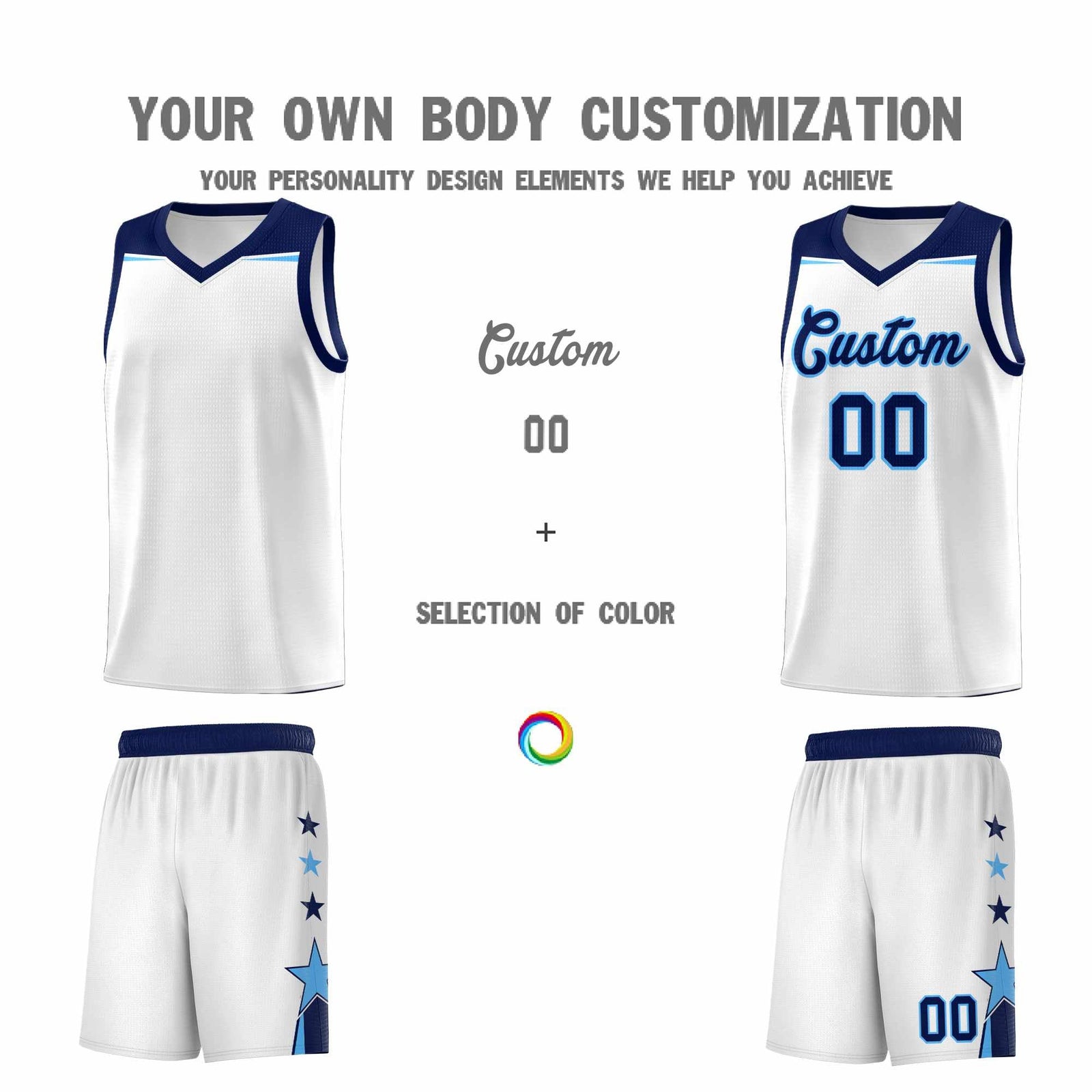 Custom Youth Basketball Uniform White Navy Two Tone Side Star Add Name Number & Logo