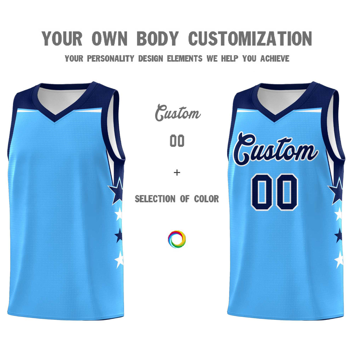 Custom Youth Basketball Uniform Powder Blue Navy Two Tone Side Star Color Block Team Jersey