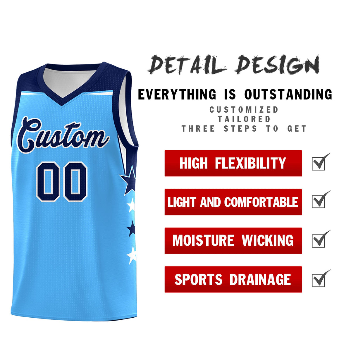 Custom Youth Basketball Uniform Powder Blue Navy Two Tone Side Star Color Block Team Jersey