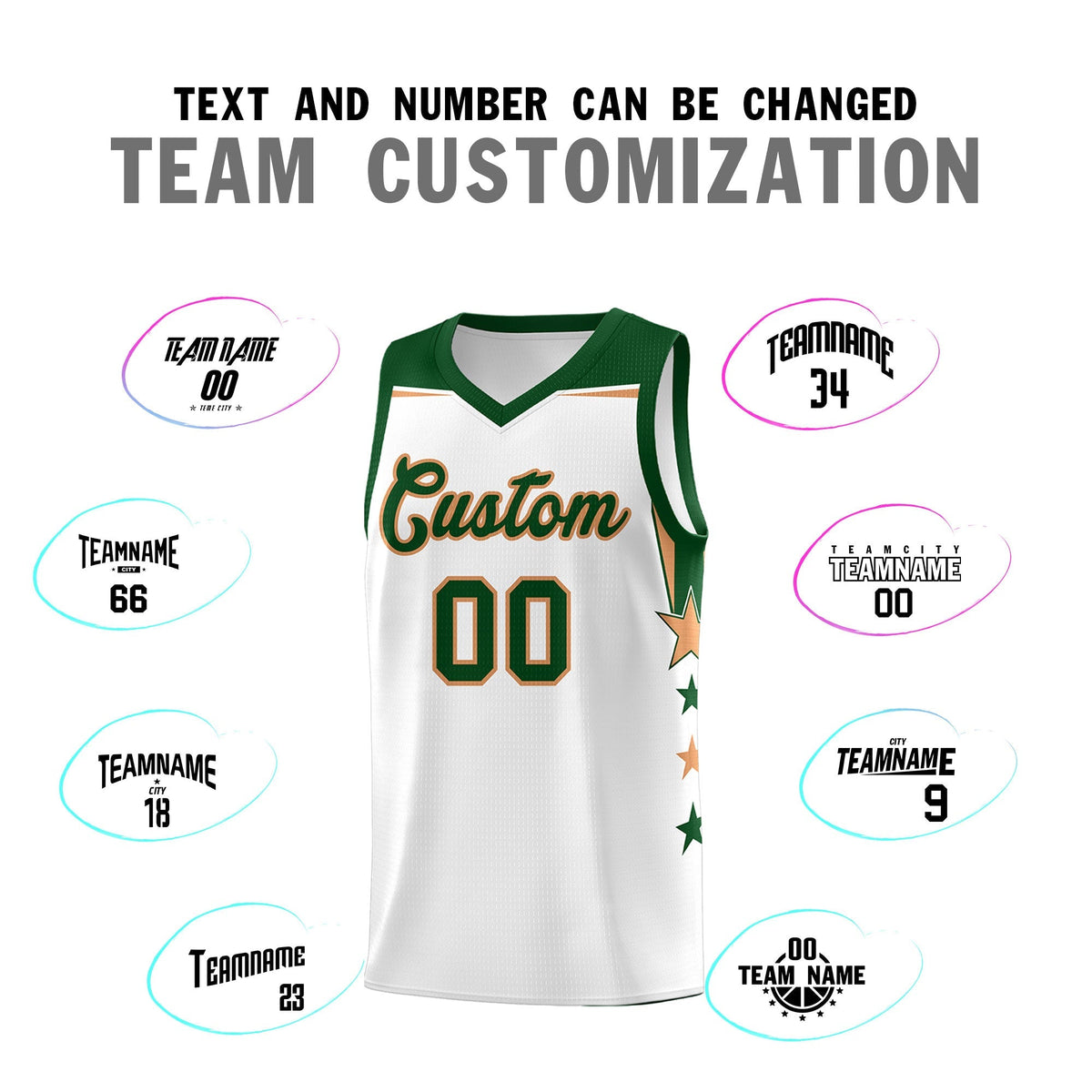 Custom Youth Basketball Uniform White Green Two Tone Side Star Add Name Number &amp; Logo