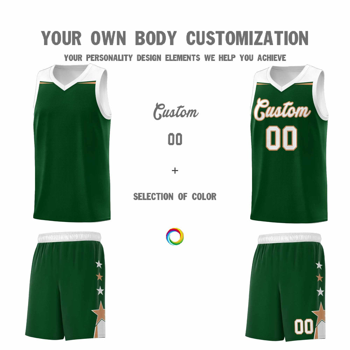 Custom Youth Basketball Uniform Green White Two Tone Side Star Personalized Team Jersey