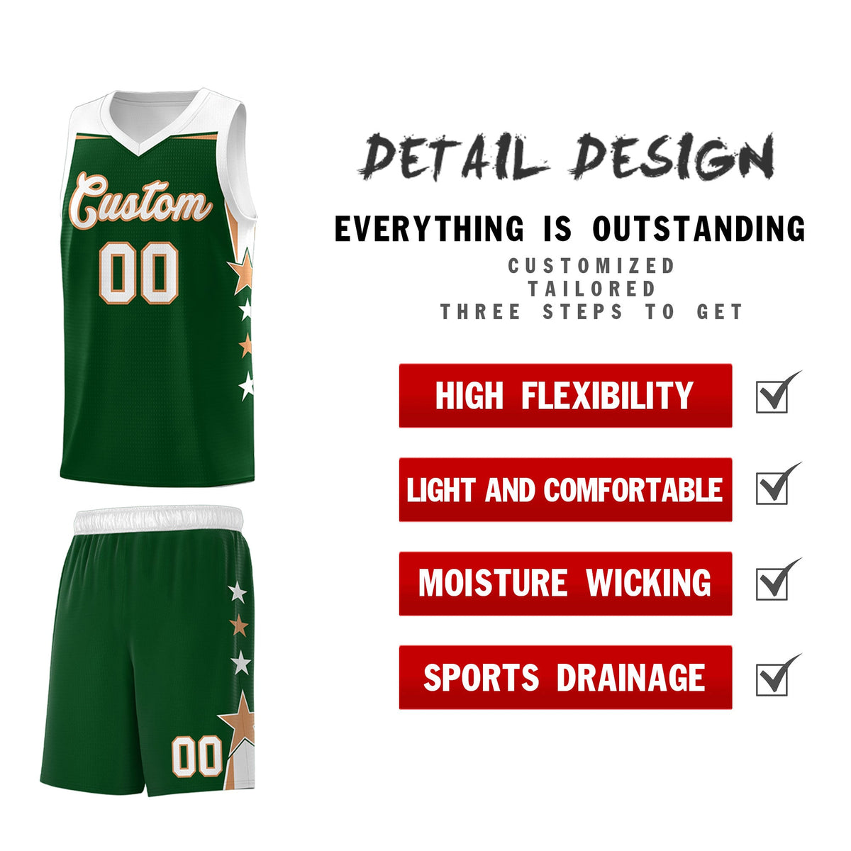 Custom Youth Basketball Uniform Green White Two Tone Side Star Personalized Team Jersey
