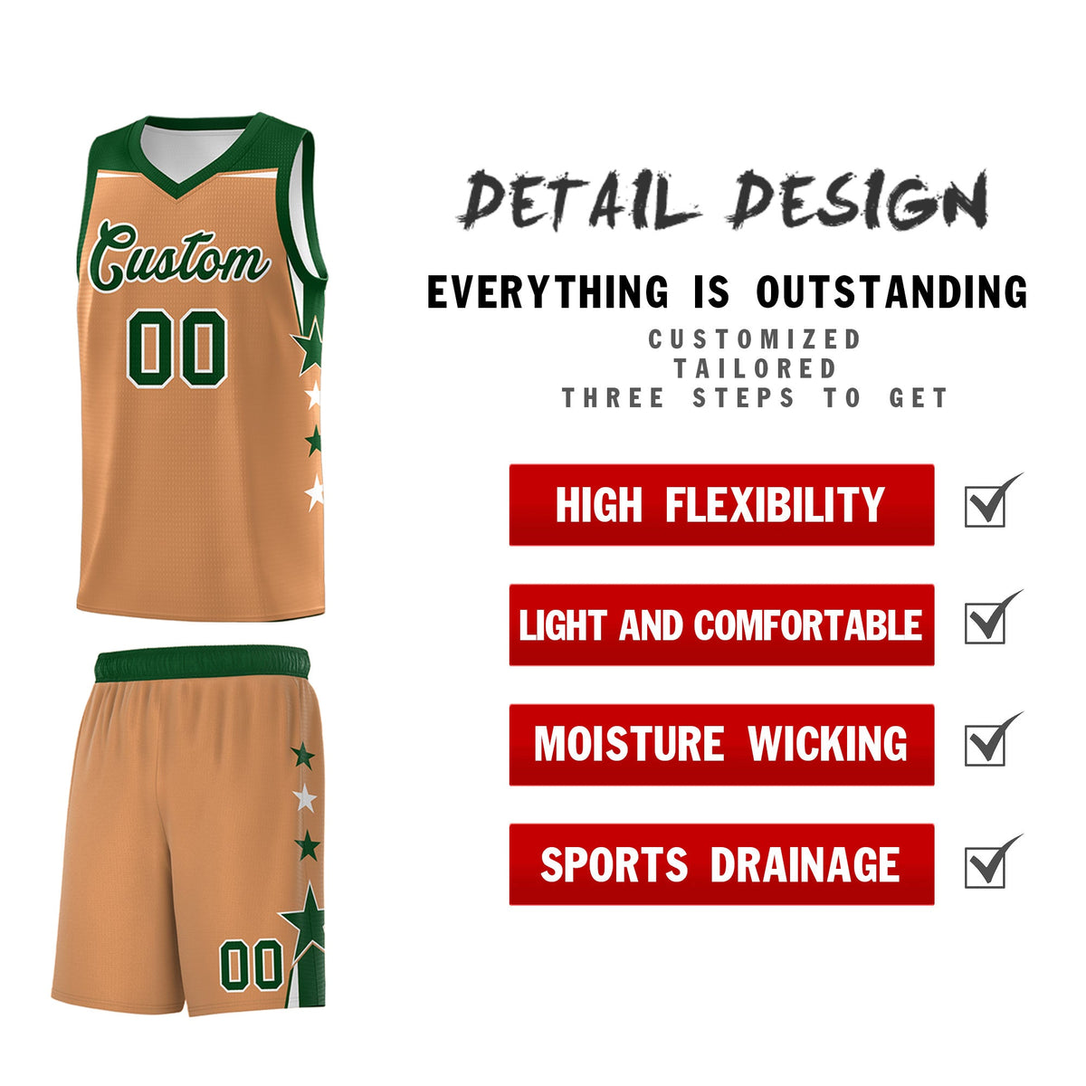 Custom Youth Basketball Uniform Buckskin Brown Green Two Tone Side Star Color Block Team Jersey