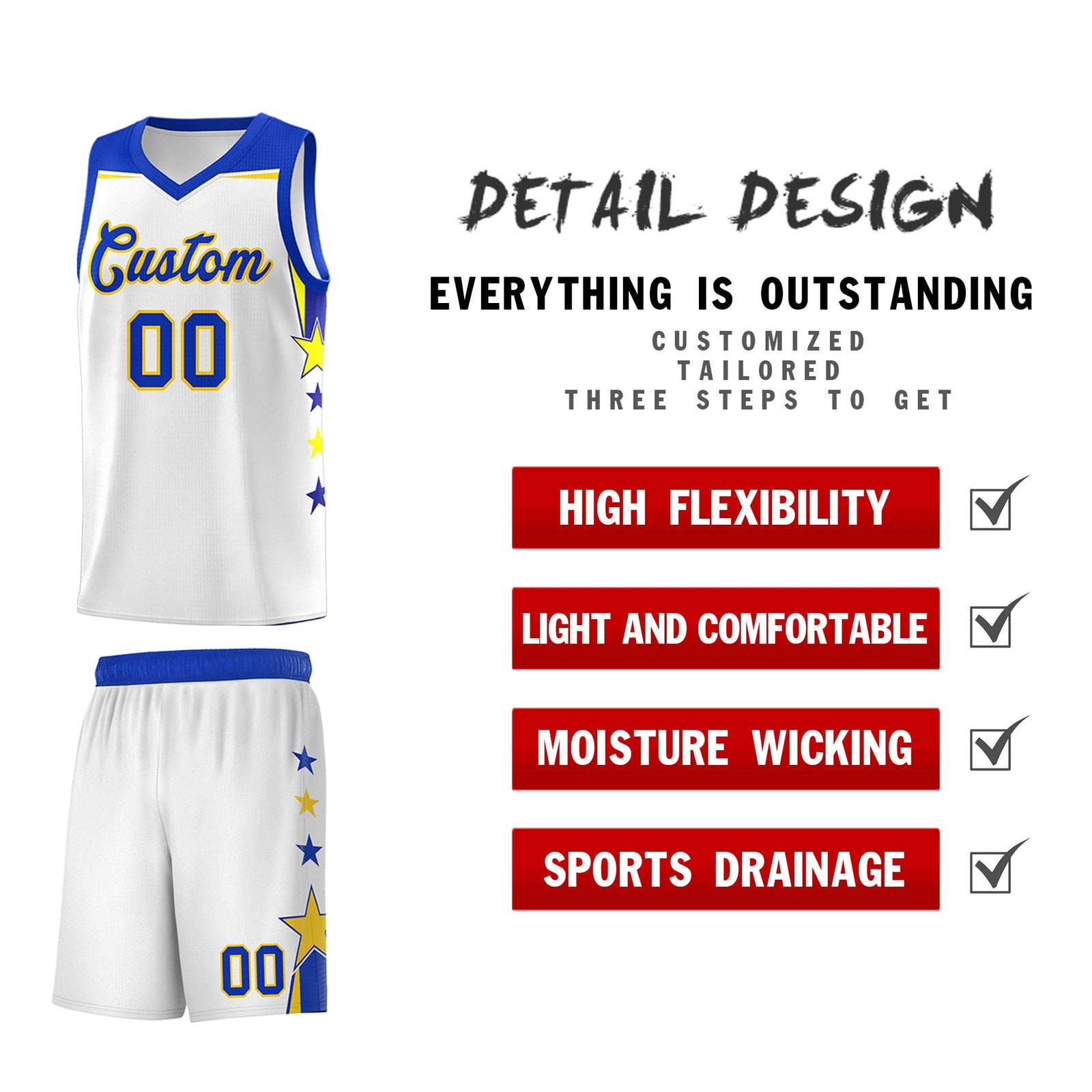 Custom Youth Basketball Uniform White Royal Two Tone Side Star Add Name Number & Logo