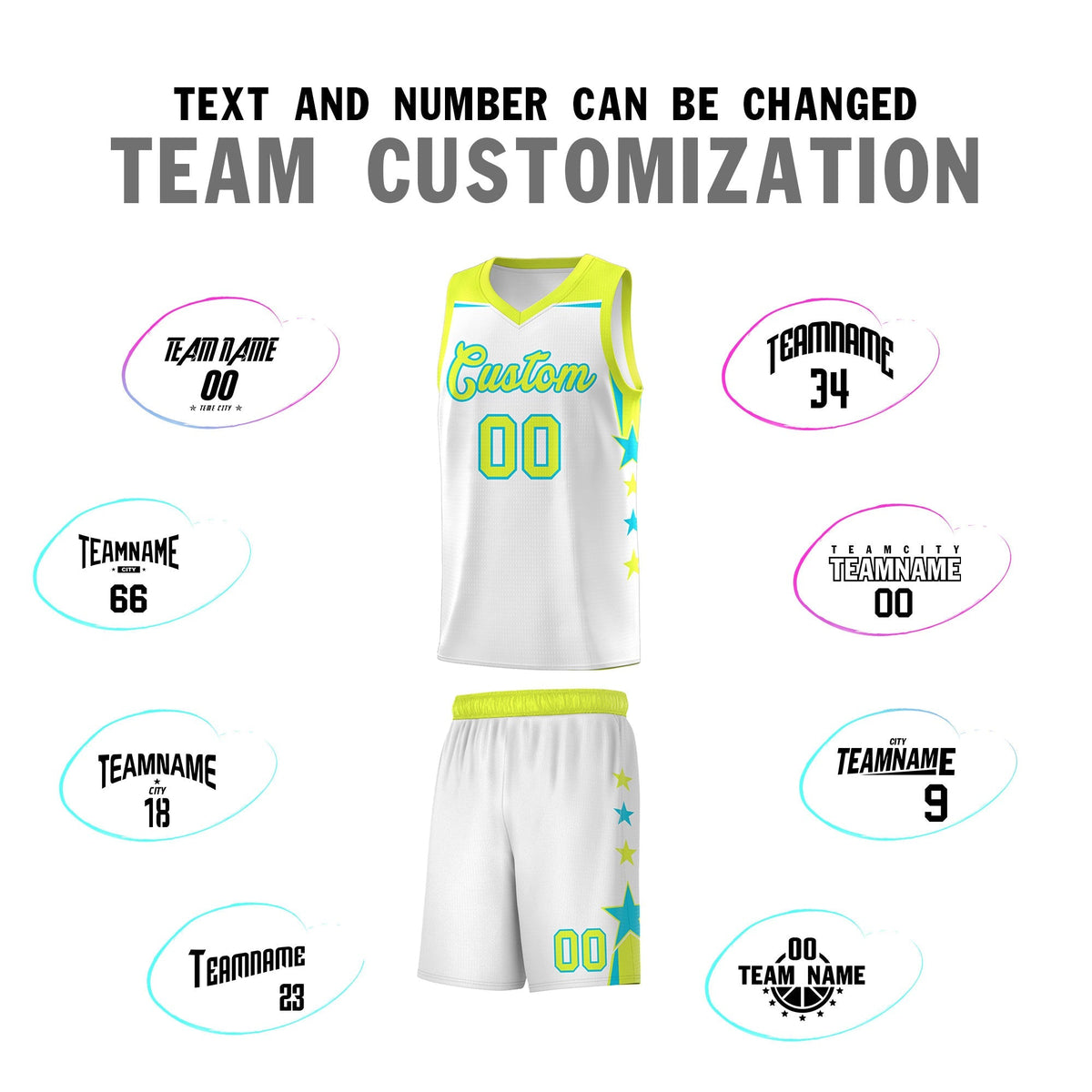 Custom Youth Basketball Uniform White Fluorescent Green Two Tone Side Star Add Name Number & Logo