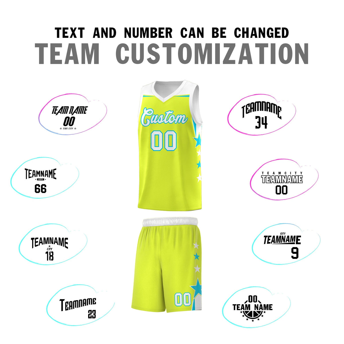Custom Youth Basketball Uniform Fluorescent Green White Two Tone Side Star Personalized Team Jersey