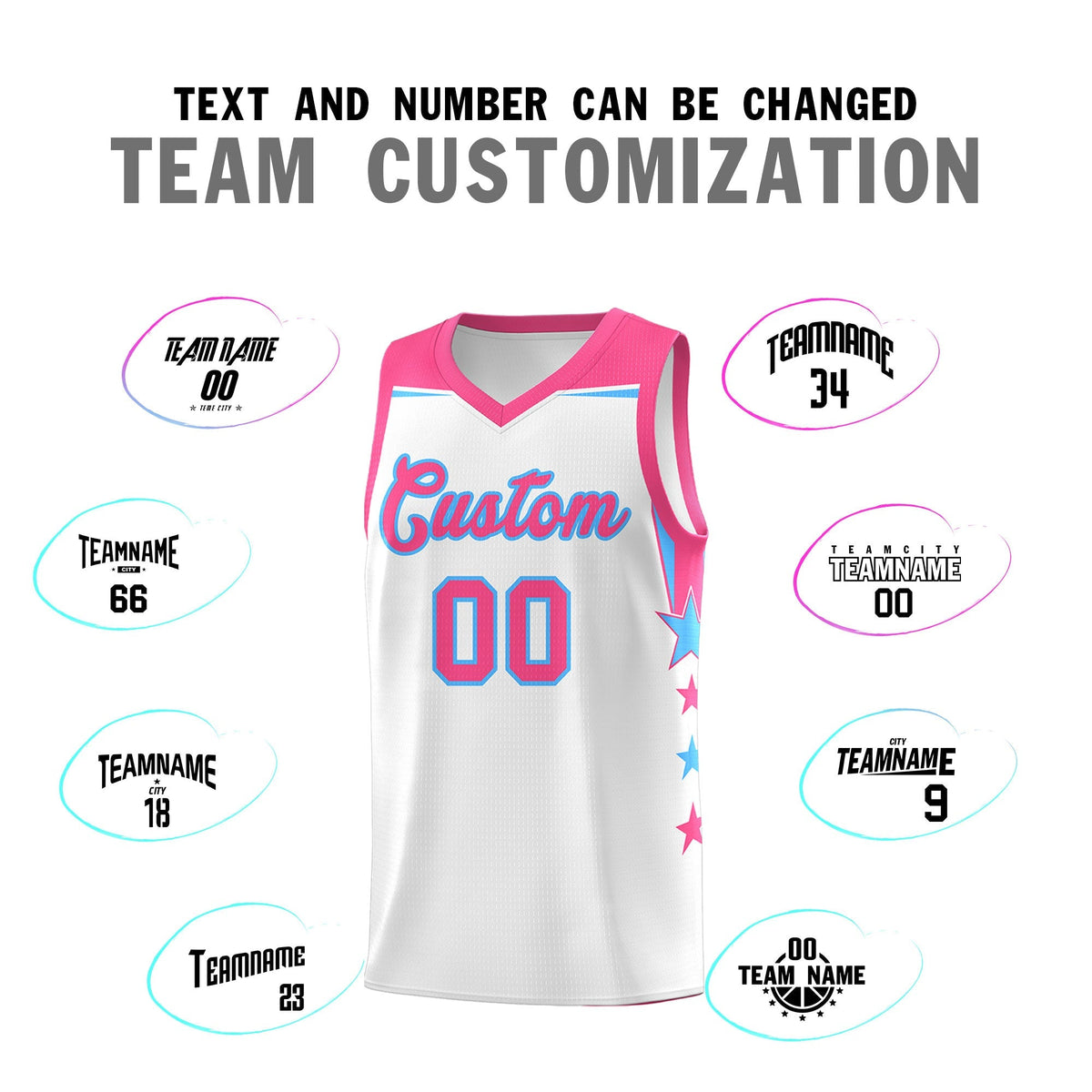 Custom Youth Basketball Uniform White Pink Two Tone Side Star Add Name Number &amp; Logo