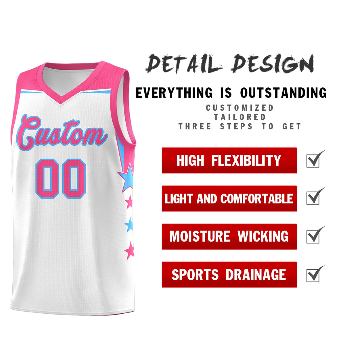 Custom Youth Basketball Uniform White Pink Two Tone Side Star Add Name Number &amp; Logo