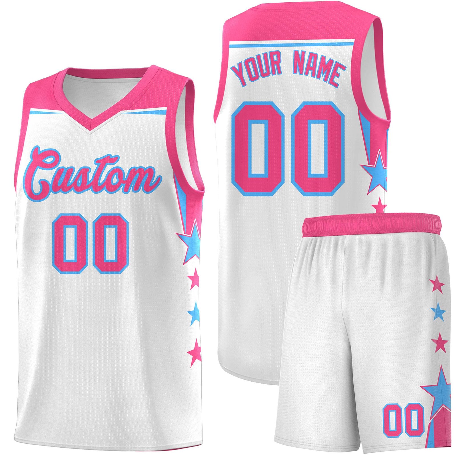 Custom Youth Basketball Uniform White Pink Two Tone Side Star Add Name Number & Logo