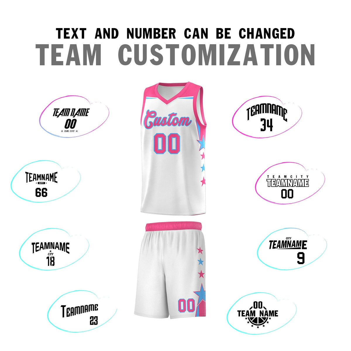 Custom Youth Basketball Uniform White Pink Two Tone Side Star Add Name Number &amp; Logo