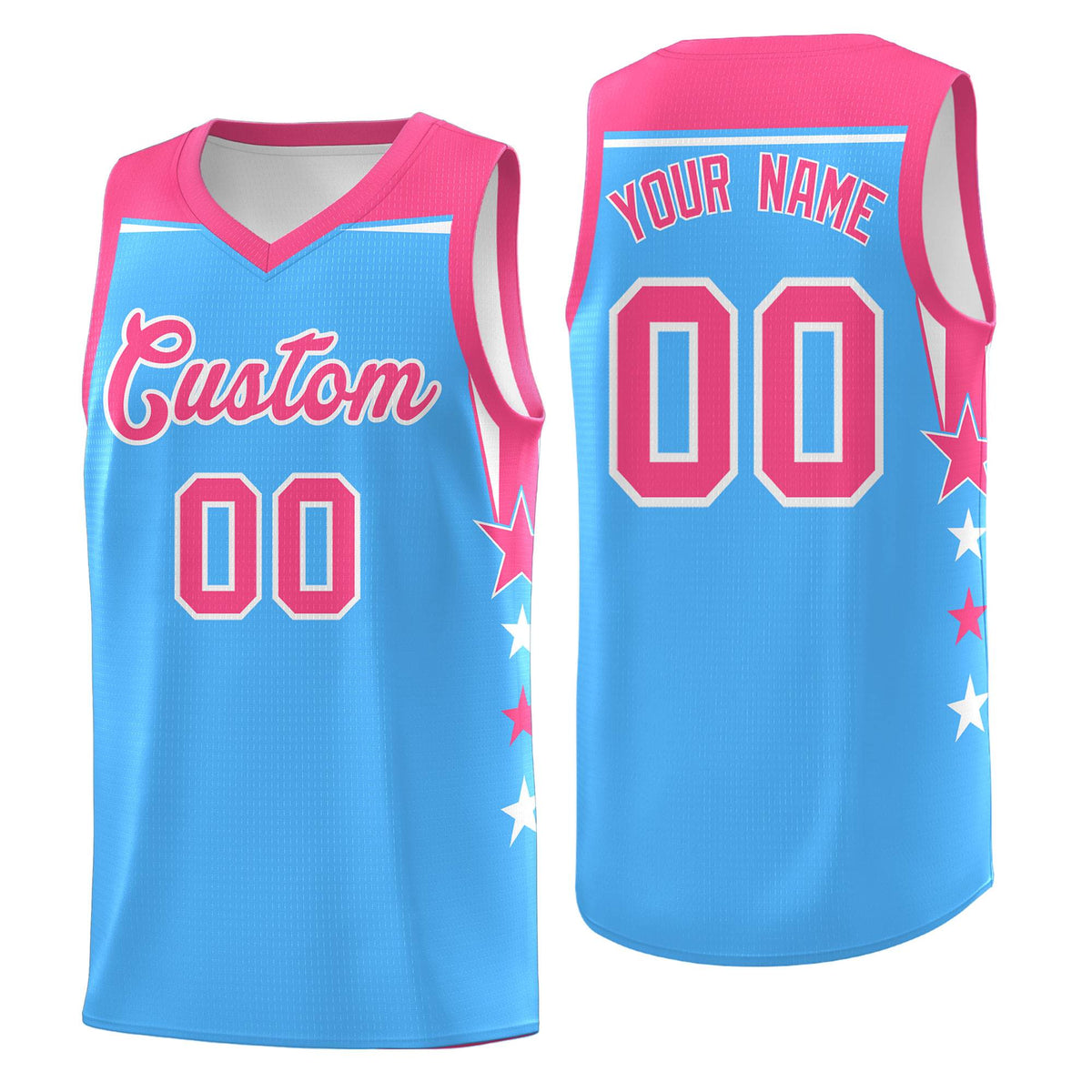Custom Youth Basketball Uniform Powder Blue Pink Two Tone Side Star Color Block Team Jersey