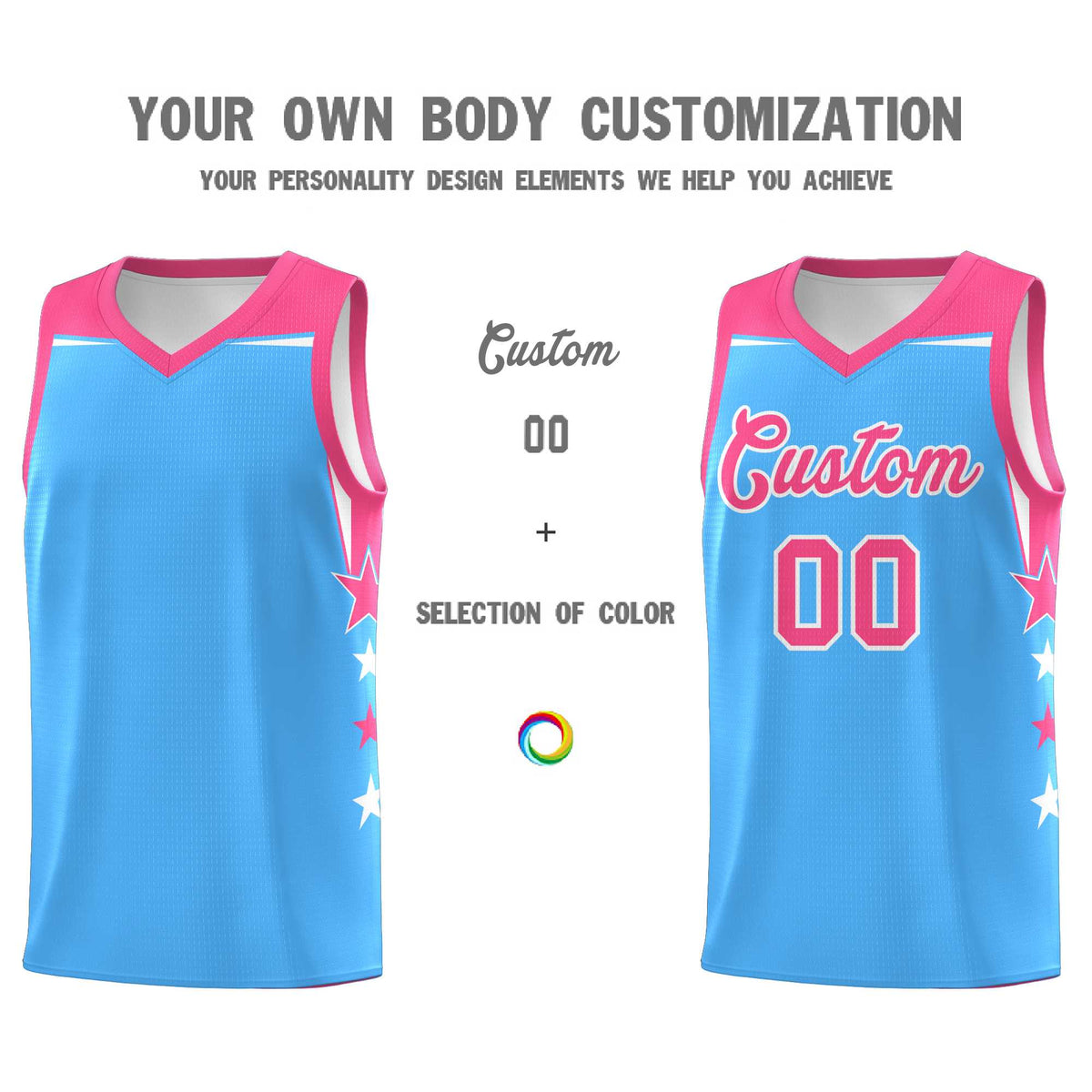 Custom Youth Basketball Uniform Powder Blue Pink Two Tone Side Star Color Block Team Jersey