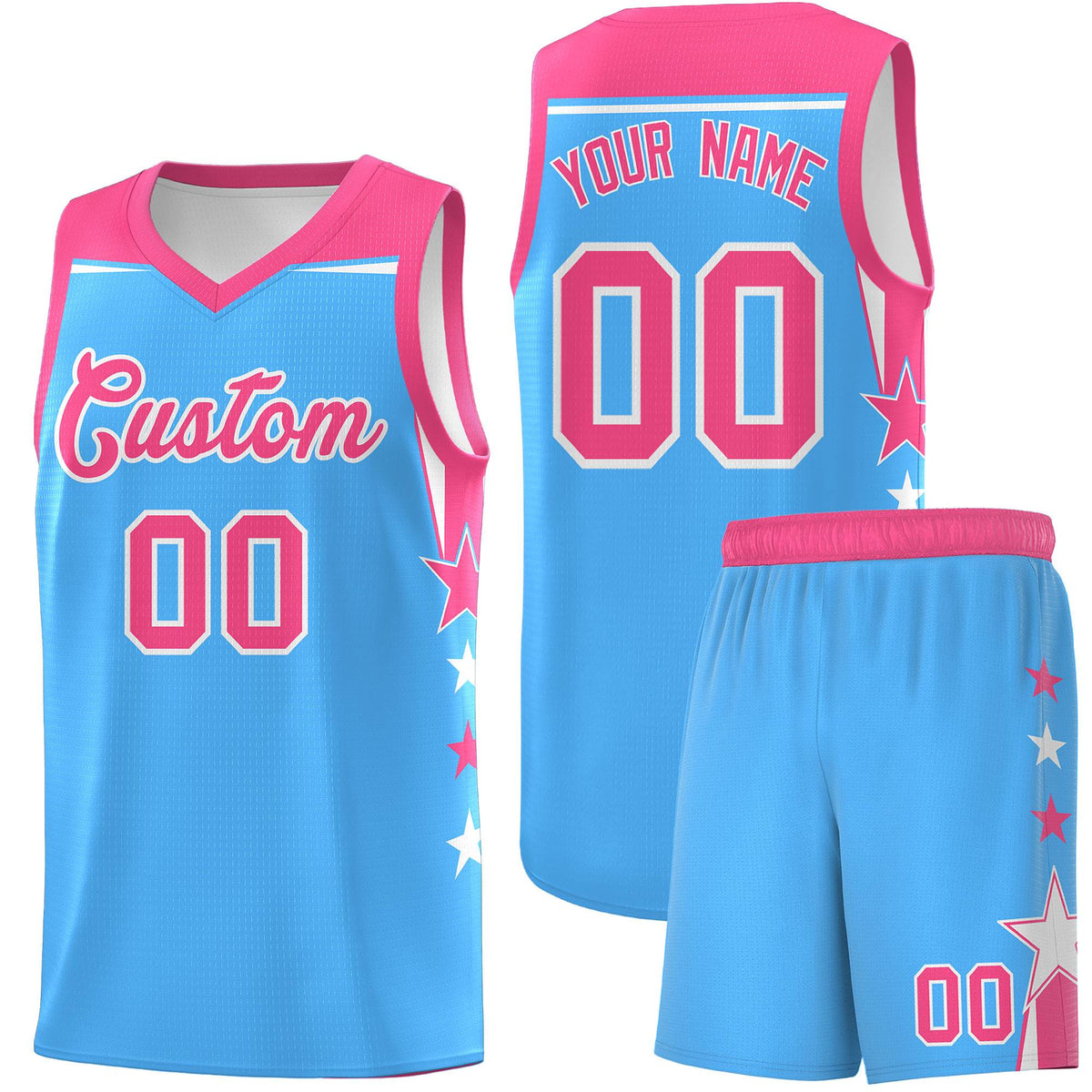 Custom Youth Basketball Uniform Powder Blue Pink Two Tone Side Star Color Block Team Jersey