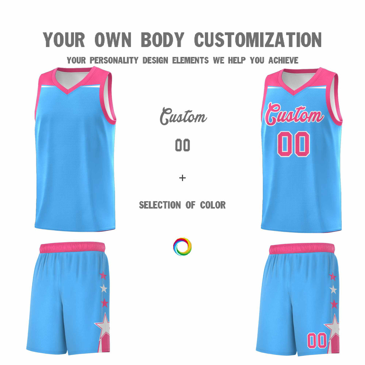 Custom Youth Basketball Uniform Powder Blue Pink Two Tone Side Star Color Block Team Jersey