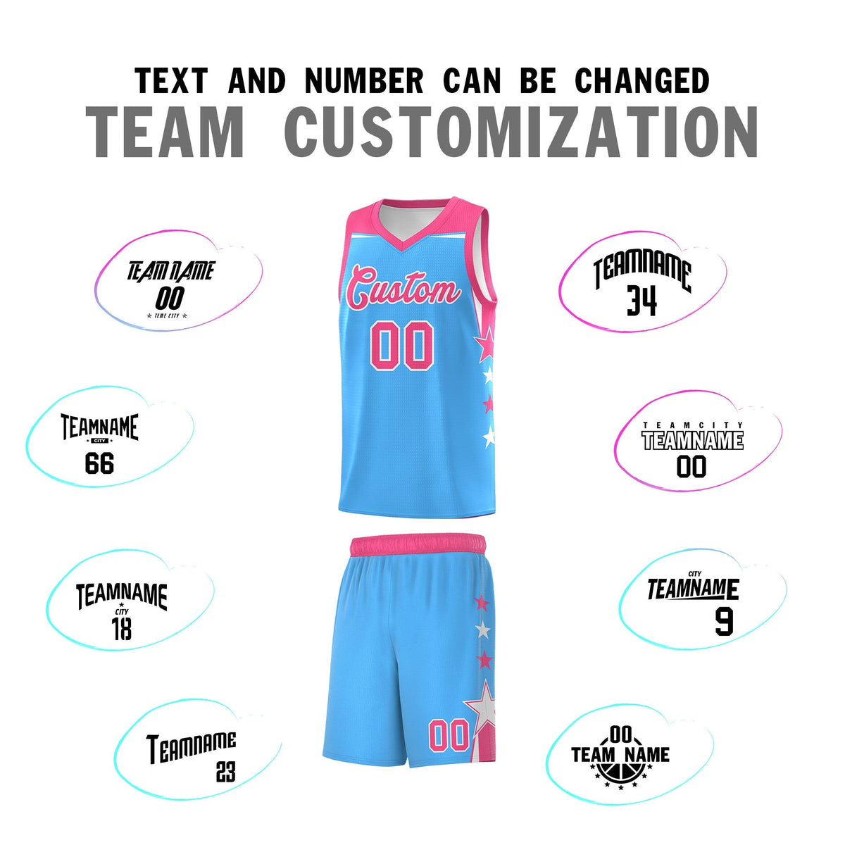 Custom Youth Basketball Uniform Powder Blue Pink Two Tone Side Star Color Block Team Jersey