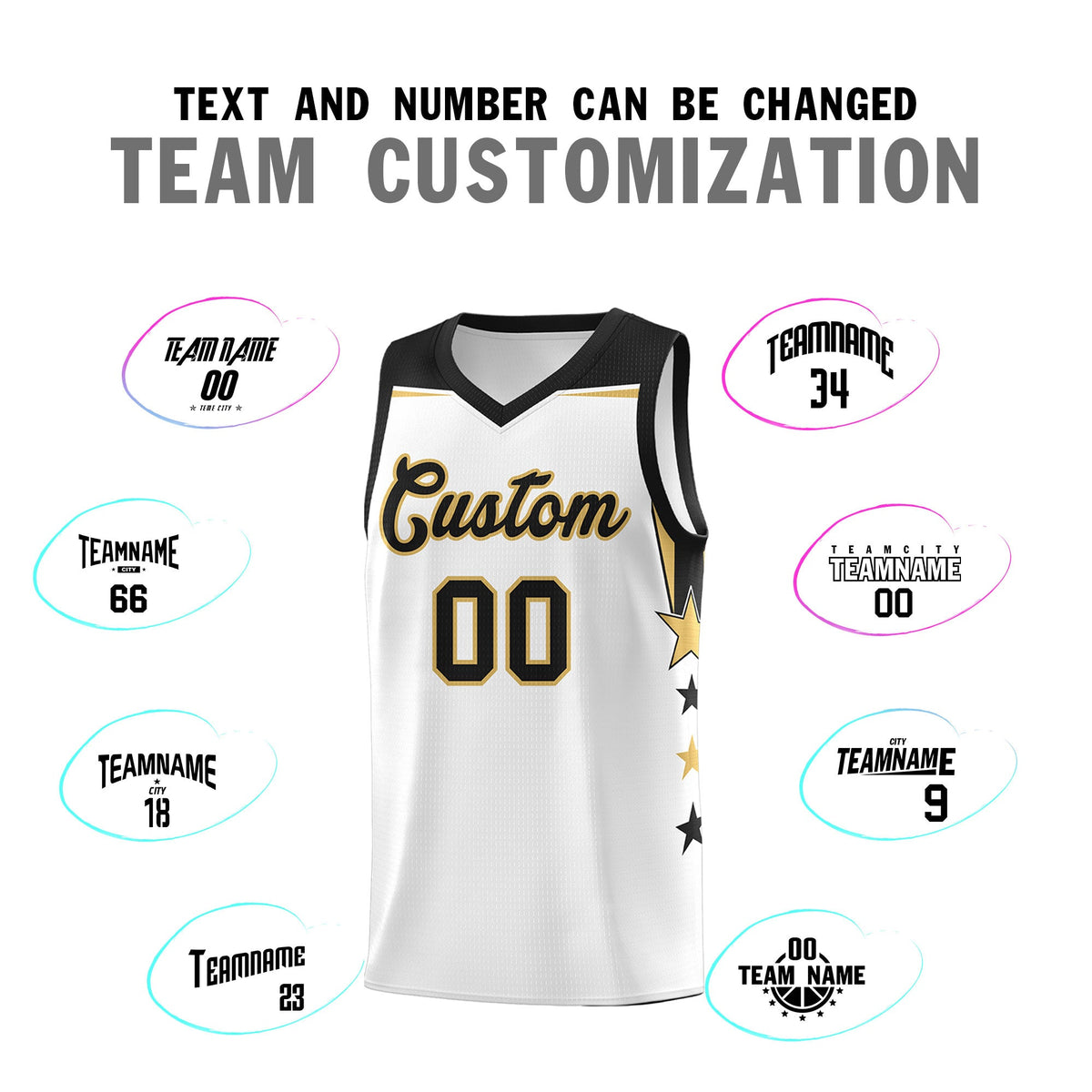 Custom Youth Basketball Uniform White Black Two Tone Side Star Add Name Number &amp; Logo