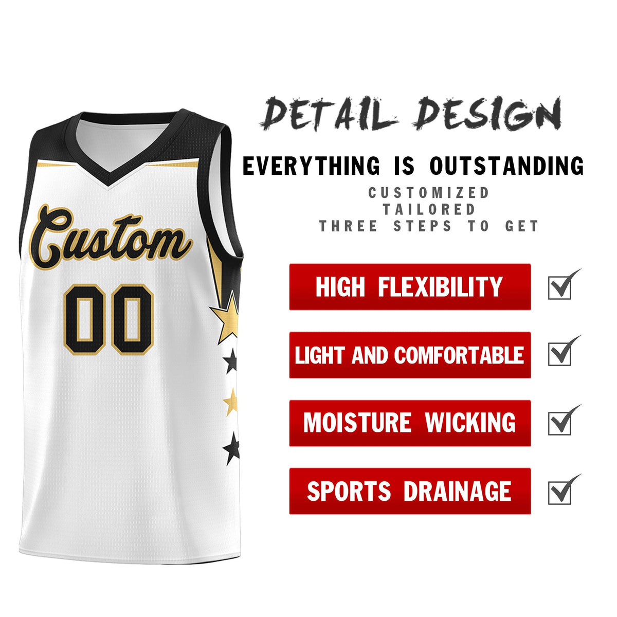 Custom Youth Basketball Uniform White Black Two Tone Side Star Add Name Number &amp; Logo