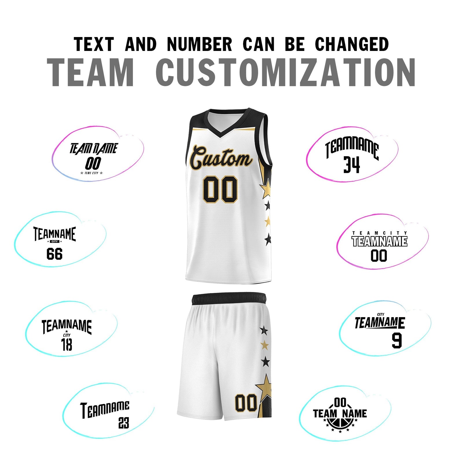 Custom Youth Basketball Uniform White Black Two Tone Side Star Add Name Number & Logo